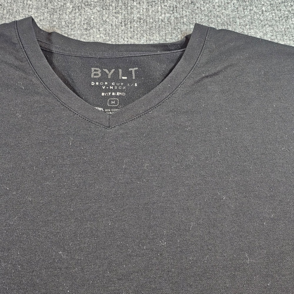 BYLT Mens Medium Black Drop Cut V-Neck Long Sleeve Shirt Athleisure Casual PO92